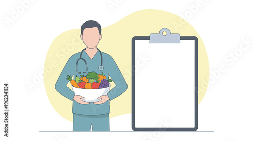 Doctor holding bowl of healthy fruits and vegetables with blank clipboard