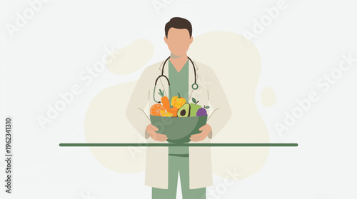 Doctor promoting healthy eating with a bowl of fruits and vegetables