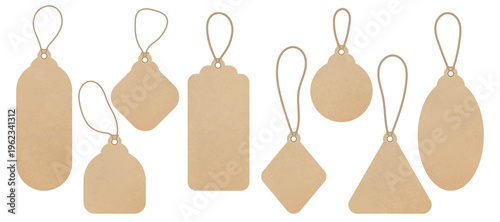 Realistic craft paper labels set on string. Blank price tags and branding card mockups in round, square, rectangular, oval and rhombus shapes. Vector kraft carton tags isolated on transparent backgrou