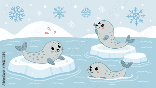 Three baby seals playing on melting ice floes with gentle waves in a snowy arctic landscape with snowflakes