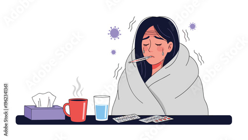 Unwell woman with a thermometer and wrapped in a blanket, surrounded by virus particles, symbolizing fever, flu, and viral infection.