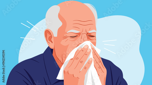 Elderly man blowing his nose with a tissue, symbolizing cold symptoms, allergies, or a common illness in seniors.
