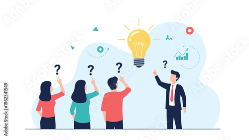 Group of people looking at a large glowing light bulb, guided by a businessman, symbolizing idea generation, problem-solving, and leadership.