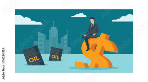 Businessman sitting on dollar sign with oil barrels, representing oil economy