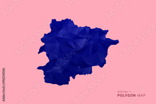 Andorra Map - Low poly polygon map in deep blue gradient on soft pink pastel background, modern minimal geometric design, clean digital vector illustration.