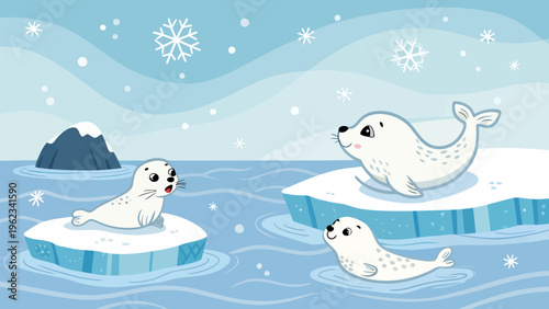Adorable baby seals playing on melting ice floes with gentle waves and snowflakes in a serene arctic landscape