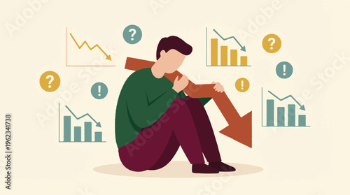 Man burdened by economic downturn and financial crisis with declining graphs