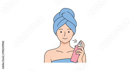 Woman in blue towel spraying pink perfume in minimalist flat illustration for beauty product advertising