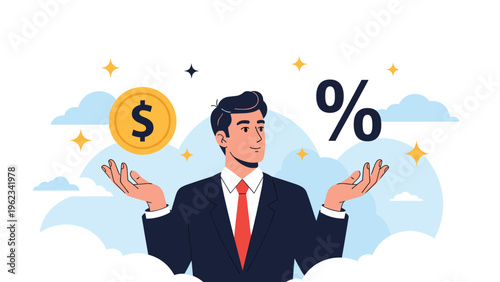 Confident businessman balancing a dollar coin and a percentage sign in his hands, symbolizing financial decisions, investment choices, interest rates, or currency exchange.