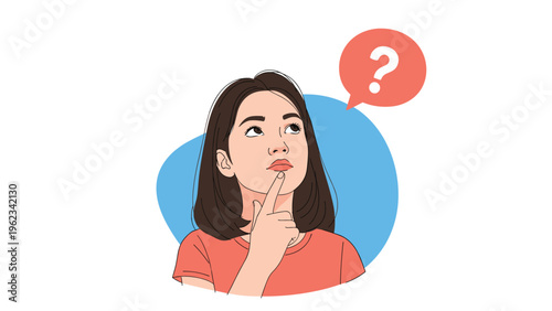 Young thoughtful woman with her finger on her chin, looking up with a question mark in a thought bubble, symbolizing confusion, doubt, or problem-solving.