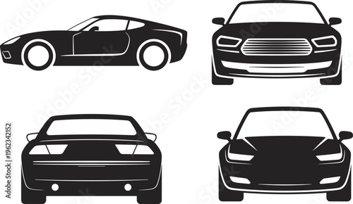 Black and white vector illustration of cars showing side, front, and rear views with sleek sporty, sedan, and high-performance designs for automotive design reference