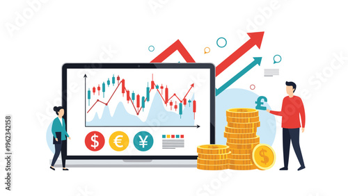 Diverse group of business people analyzing financial charts and graphs on a laptop, surrounded by currency symbols and coins, representing global forex trading and investment strategies.