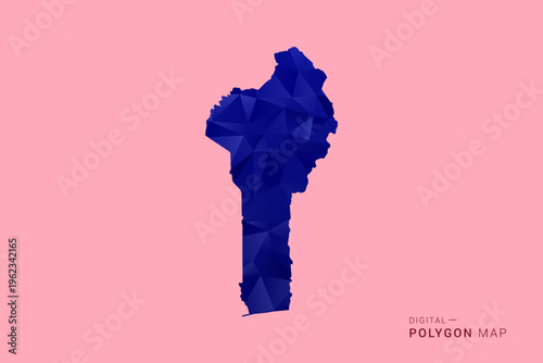 Benin Map - Low poly polygon map in deep blue gradient on soft pink pastel background, modern minimal geometric design, clean digital vector illustration.