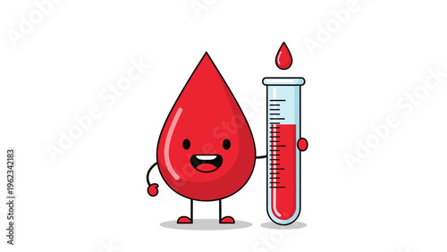 Friendly cartoon blood drop character happily holding a test tube filled with blood, symbolizing medical diagnostics, blood donation, or health analysis.