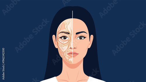 Woman's face split into two halves, one revealing the superficial skin and the other detailed facial muscles and nerves, illustrating human anatomy and cosmetic enhancements.