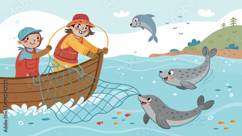 Two cartoon fishermen pulling a net with fish and playful sea lions in a sunny ocean scene with dolphins