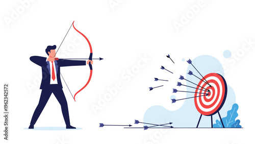 Determined businessman aiming a bow and arrow at a target, with many missed arrows but one hitting the bullseye, symbolizing trial and error in goal achievement.