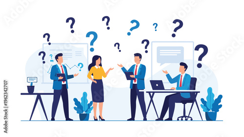 Diverse business people in an office setting, surrounded by numerous question marks, engaged in discussions and appearing confused, symbolizing problem-solving and uncertainty.