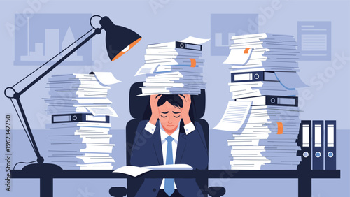 Overwhelmed businessman with his head in his hands, buried under immense stacks of paper and folders at his desk, symbolizing severe stress and burnout from excessive workload.