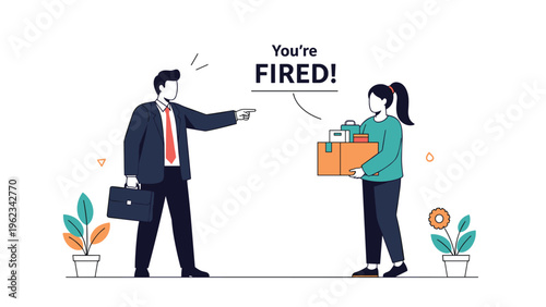Male boss pointing and exclaiming "You're FIRED!" to a female employee carrying her personal belongings in boxes, depicting job termination or dismissal.