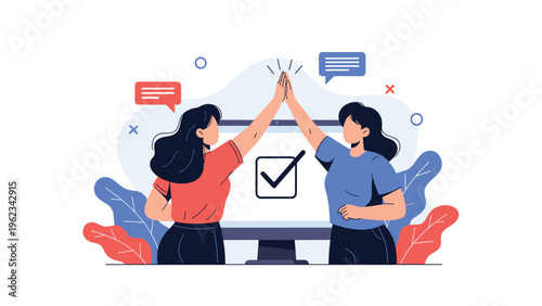 Two enthusiastic women giving each other a high-five in front of a computer screen with a large checkmark, symbolizing teamwork, success, and online task completion.