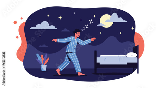 Man sleepwalking in his pajamas at night, drifting unconsciously towards his bed with ZZZ symbols above his head, indicating a sleep disorder or subconscious action.