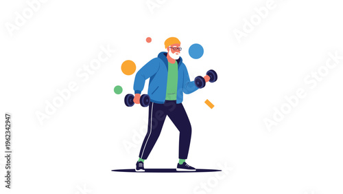 Energetic elderly man with glasses and a beard, dressed in activewear, happily lifting dumbbells, symbolizing active aging, fitness, and a healthy senior lifestyle.