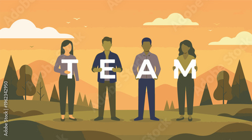 Diverse Team Holding Letters Spelling "TEAM" in a Sunset Landscape