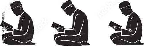Set of black silhouettes representing Muslim men sitting and reading the holy Quran book during prayer or religious study vector.