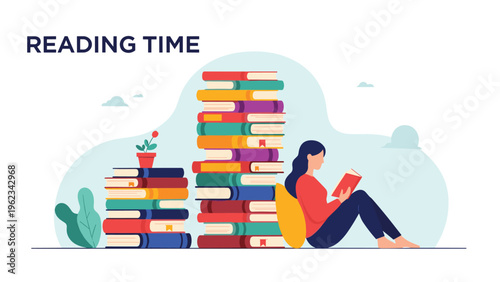 Serene woman quietly reading a book next to towering stacks of colorful books, with the text "READING TIME", symbolizing leisure, education, and knowledge acquisition.