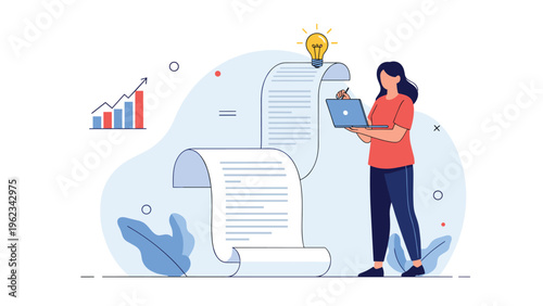 Businesswoman with a laptop, diligently writing on an unrolled scroll or lengthy document, accompanied by a lightbulb idea, symbolizing content creation and business planning.