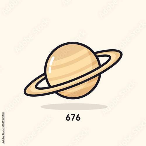 A cartoon illustration shows a planetary body with golden rings on a beige background. The planet is yellow and banded with a black outline. Below are the numerals 676