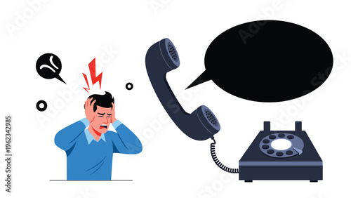 Frustrated man clutching his head with an angry thought bubble, standing next to a vintage telephone with a blank speech bubble, symbolizing stressful communication or bad news.