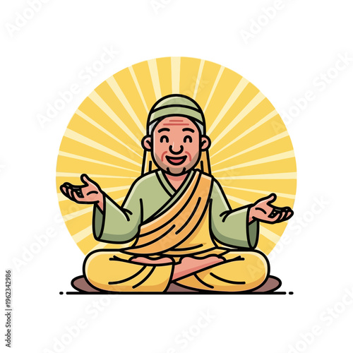 Zen monk meditating in lotus pose with radiating yellow halo, peaceful spiritual enlightenment