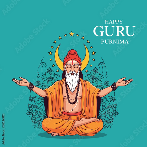 Guru Purnima Celebration: Enlightened Guru Meditating, Crescent Moon, Stars, Lotus Flowers
