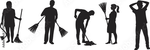 Set of cleaner silhouettes holding brooms and mops while performing janitorial work for housekeeping and professional sanitary maintenance service projects.