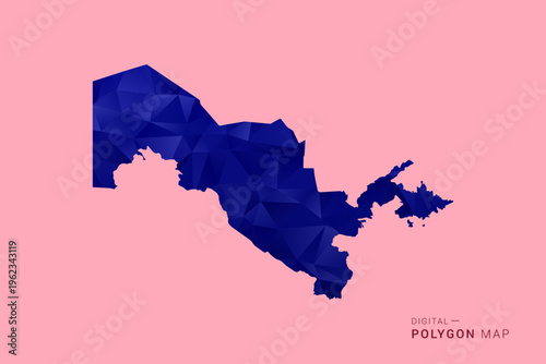 Uzbekistan Map - Low poly polygon map in deep blue gradient on soft pink pastel background, modern minimal geometric design, clean digital vector illustration.