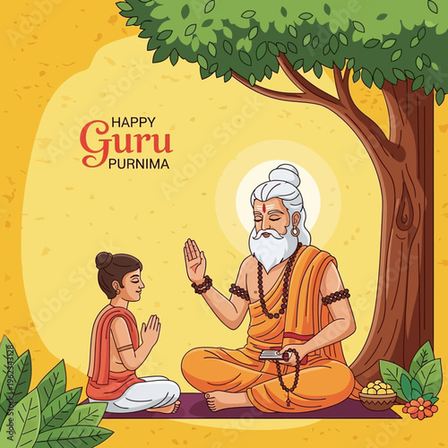 Guru Purnima Celebration: Guru Blessing Student Under Tree, Spiritual Learning, Indian Festival