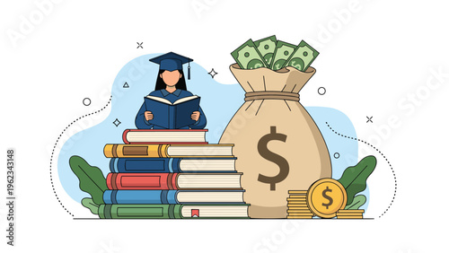 Female graduate reading a book next to a tall stack of books and a large bag of money, symbolizing educational investment, scholarships, or student loans.