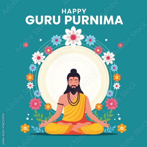 Guru Purnima Celebration: Guru Meditating Surrounded by Flowers