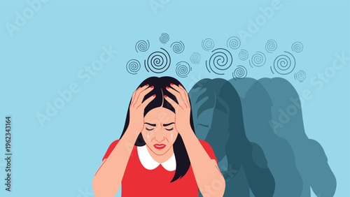 Distressed crying woman holding her head in anguish, with swirling shapes behind her, symbolizing a severe mental breakdown, emotional distress, or psychological problems.