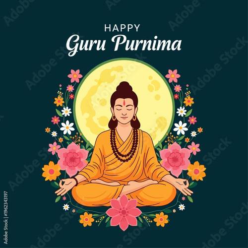 Guru Purnima Celebration: Meditating Guru in Lotus Pose Surrounded by Flowers and Full Moon