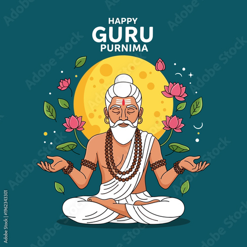 Guru Purnima Celebration: Meditating Sage, Full Moon, Lotus Flowers, Spiritual Harmony
