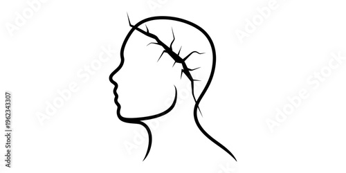Conceptual illustration of a human head profile with a large crack across the skull area
