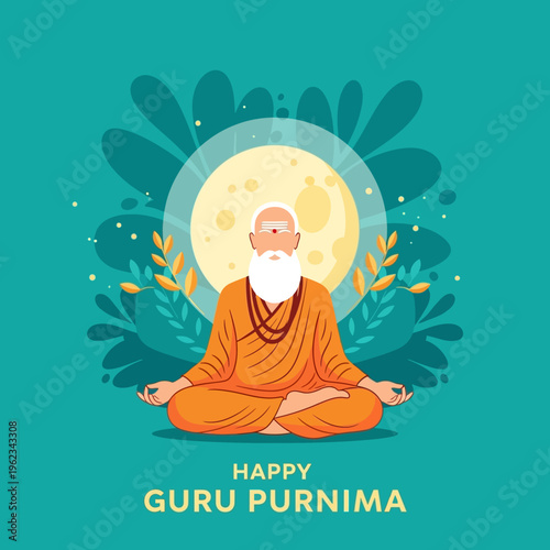 Guru Purnima Celebration: Sadhu Meditating Under Full Moon, Spiritual Indian Festival