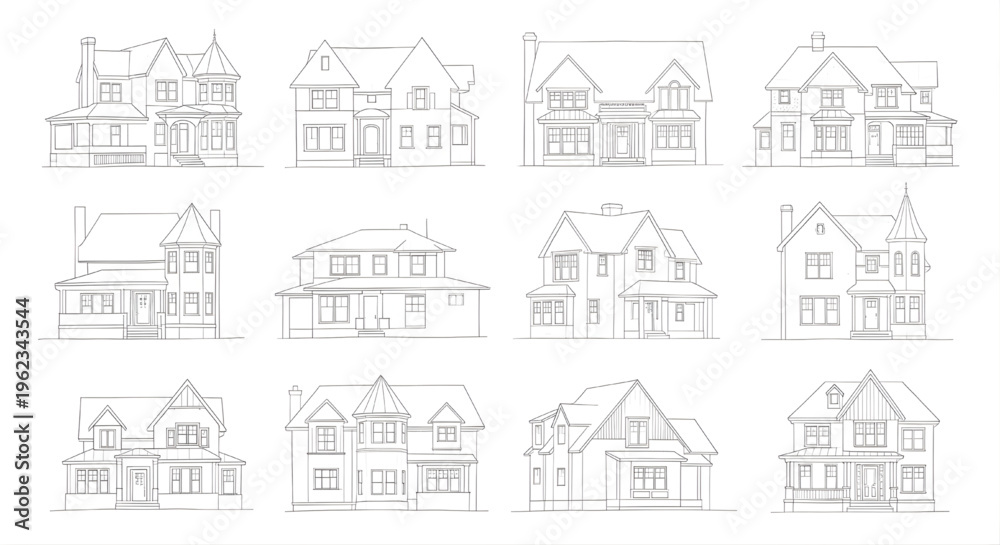 Obraz premium Hand Drawn House Sketch, Residential Architecture Silhouettes, Pencil Home Designs, Building Illustration Vector Set for Real Estate