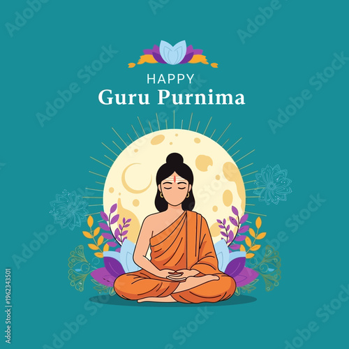 Guru Purnima festival greeting with meditating guru and full moon