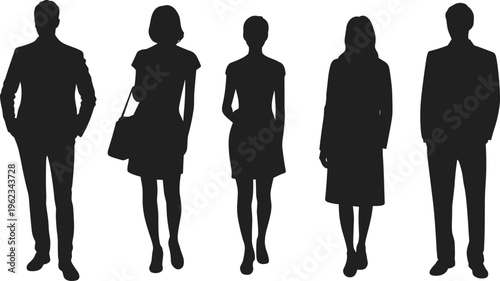 Five human silhouettes in professional attire, male and female figures with dresses, skirts, pants, and handbag, representing workplace diversity, fashion, and corporate illustration projects