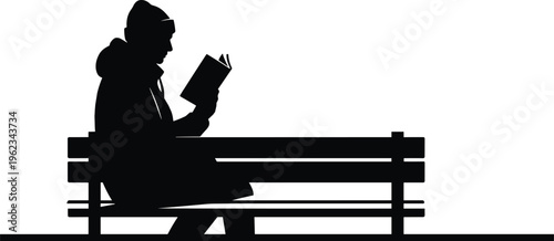 Silhouette person sitting on bench reading book, hooded jacket and beanie, outdoor relaxation solitude public space vector illustration design