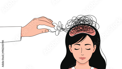 Human hand gently untangling a chaotic, messy brain inside a woman's head, symbolizing mental health therapy, problem-solving, and achieving emotional clarity.